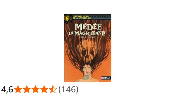 Couverture du livre "Médée, la magicienne" avec une illustration d'une femme aux longs cheveux sombres formant un crâne.