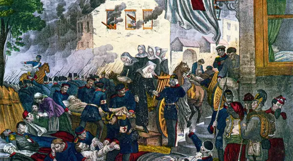 Scène de guerre avec des blessés soignés par des religieuses sous le regard d'un drapeau à la croix rouge, évoquant la croix rouge origine.