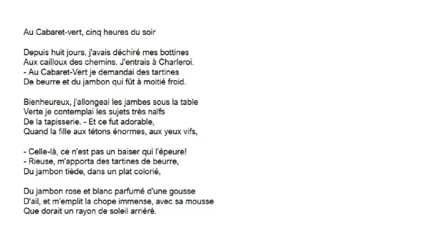 Texte de Rimbaud, « Au Cabaret-Vert », décrivant une scène dans un cabaret où le narrateur commande des tartines de beurre et de jambon.