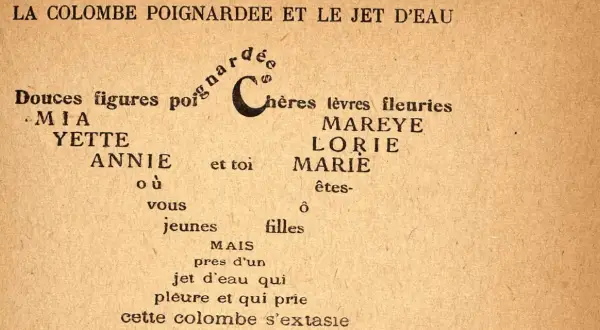 La colombe poignardée et le jet d'eau : des noms de jeunes filles entourent un jet d'eau qui pleure et prie, une colombe en extase.