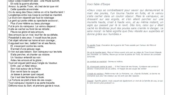 Deux coqs se battent pour une poule, l'un vainqueur se pavane, mais un vautour intervient. La fable "Les deux coqs" de La Fontaine.