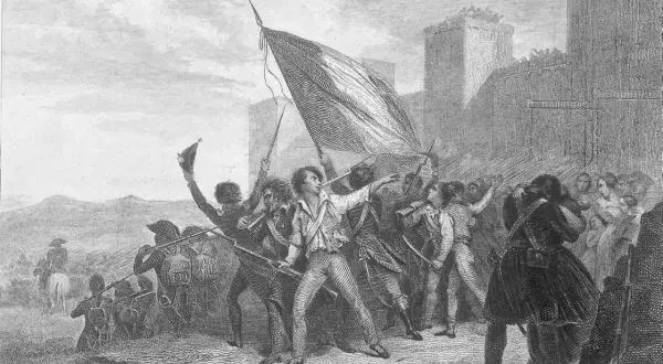 Une foule en liesse, brandissant un drapeau, semble célébrer le chant du départ. Des soldats se préparent à l'action, face à une forteresse imposante.