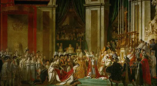 Le couronnement de Napoléon Ier, le 5 mai 1804, dans la cathédrale Notre-Dame de Paris. Une scène grandiose avec l'empereur et l'impératrice entourés de dignitaires.