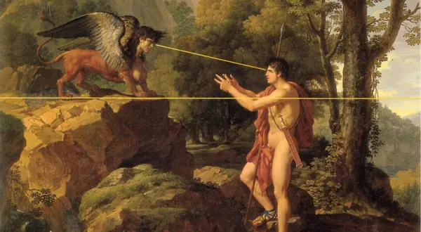 Bonaparte, tel un héros antique, fait face au Sphinx, créature mythique aux ailes déployées. Le regard intense des deux êtres se croise.