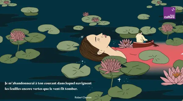Une femme flotte sur l'eau parmi des nénuphars, un homme en barque à proximité.