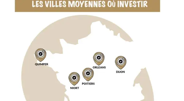 Carte de France montrant des villes moyennes où investir : Quimper, Niort, Poitiers, Orléans, Dijon.