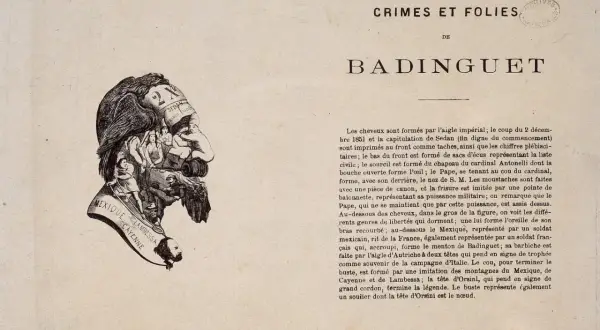 Caricature de Napoléon III : un buste complexe où se mêlent symboles politiques et figures historiques, évoquant le Mexique et la France.