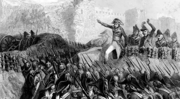 Napoléon, pointant du doigt, mène ses troupes au combat. Combien de bataille a gagné Napoléon ? L'image montre une scène de guerre avec des soldats et un canon.