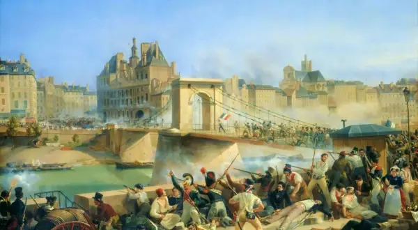 Scène de bataille animée sur un pont, avec des soldats en uniforme et des civils en lutte. Bonaparte au pont d'Arcole, au milieu du chaos et de la fumée.