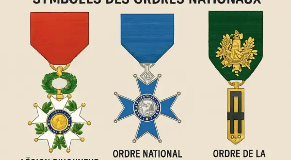 Trois décorations françaises : Légion d'honneur, Ordre national du Mérite, Ordre de la Libération. Symboles de l'honneur et de la patrie.