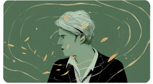 Portrait stylisé d'un homme aux cheveux clairs, évoquant la première soirée Rimbaud. Des volutes dorées et des feuilles flottent autour de lui.