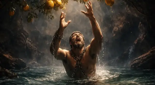 L'homme enchaîné dans l'eau, tendant les mains vers les fruits dorés, incarne le supplice de Tantale.