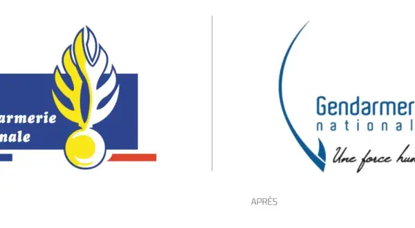 Le logo gendarmerie avant et après. L'ancien logo est plus traditionnel, le nouveau est plus moderne et épuré.