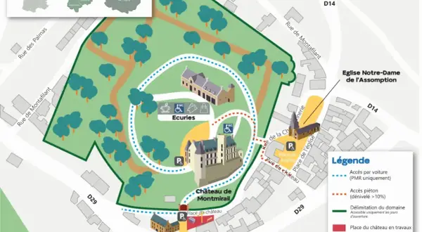 Plan du **Château de Montmirail** et de ses environs, incluant la mairie, l'église et les écuries. Le parcours est indiqué.
