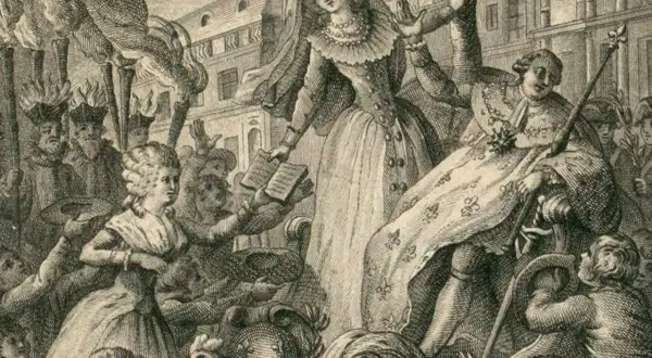 Une scène allégorique avec une femme voilée tenant un livre, rappelant l'esprit de Olympe de Gouges. Des torches et une foule animée entourent la scène.