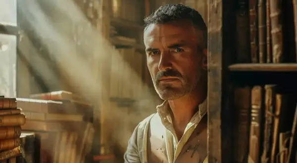 Un homme au regard intense, d'origine juive séfarade, se tient dans une bibliothèque ancienne, baigné par la lumière.
