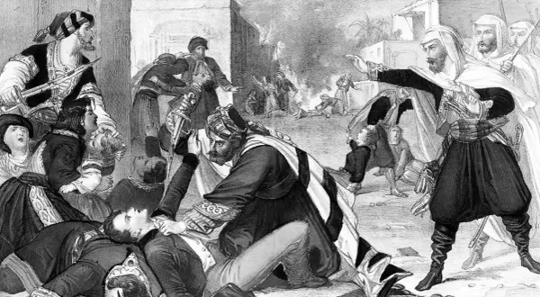 Scène de combat intense, un homme à terre, un autre le poignardant. Au loin, le feu et la fumée. L'émir Abdelkader, figure centrale, dirige ses troupes.