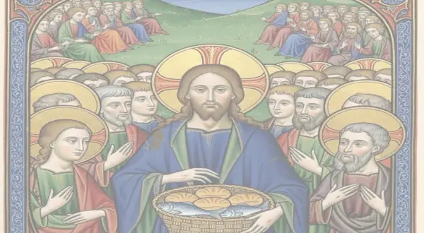 Jésus bénit le pain et les poissons, entouré de ses disciples. Une scène rappelant la multiplication des pains, peut-être liée à la date de saint Matthias.