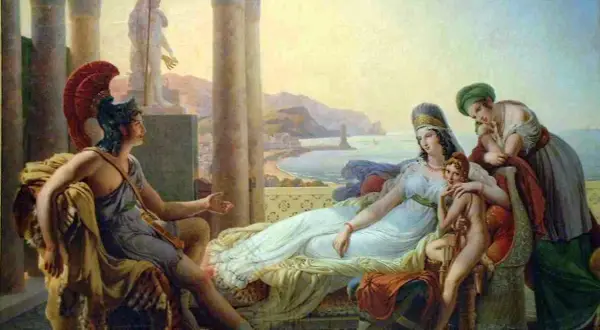 Didon, reine de Carthage, languit dans les bras de son amour, Énée, sous le regard de ses servantes. Le port de Carthage est visible en arrière-plan.