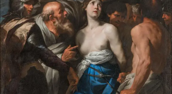 La Sainte Agathe, martyre, subit son supplice. Le sens de sa foi éclate face à la cruauté.