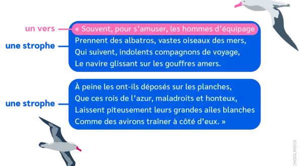 Deux albatros illustrent des strophes du poème de Baudelaire, évoquant ces "vastes oiseaux des mers".