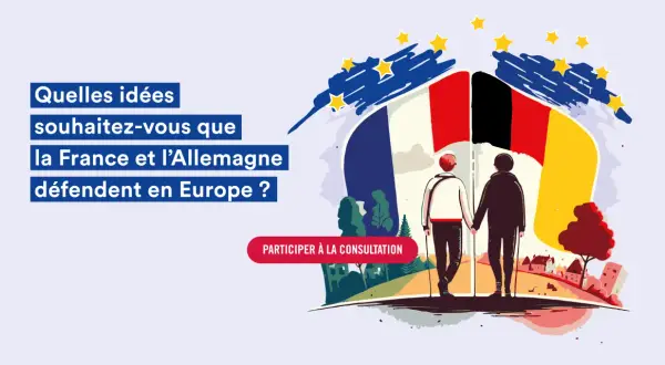 Deux personnes se tiennent main dans la main devant les drapeaux français et allemand, symbolisant une nouvelle ère après la guerre Allemagne France.