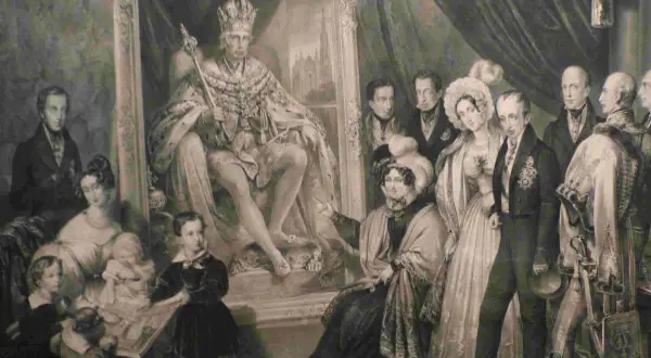 La famille impériale se réunit autour du portrait de François Ier d'Autriche, un moment de grandeur capturé.