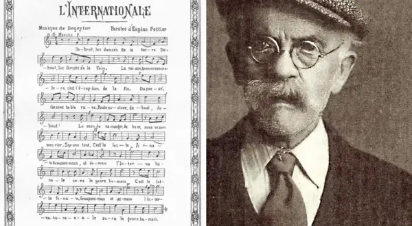 Partition de L'Internationale, musique de Degeyter, et portrait d'Eugène Pottier, poète de ce chant révolutionnaire.