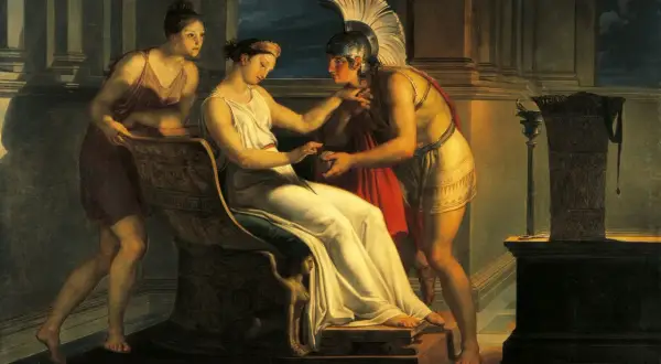 Thésée reçoit le fil d'Ariane mythologie, un objet précieux pour vaincre le Minotaure. Une servante observe la scène.