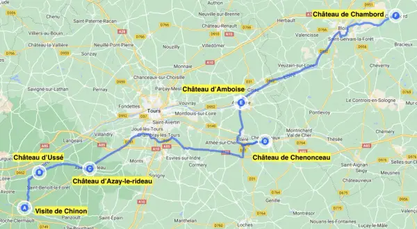 Carte du circuit châteaux de la Loire 5 jours : Chinon, Ussé, Azay-le-Rideau, Chenonceau, Amboise, Chambord.