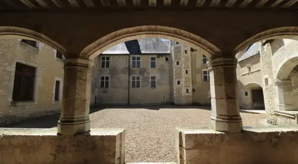Vue d'une cour intérieure de château, avec des arches en pierre et un sol gravillonné. Une fougère sur bièvre, symbole discret de la nature, s'épanouit peut-être dans un coin caché.