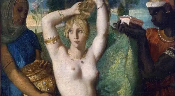 Le bain turc d'Ingres : une odalisque blonde se coiffe, entourée de servantes, l'une tenant un vase précieux, l'autre une boîte à bijoux.