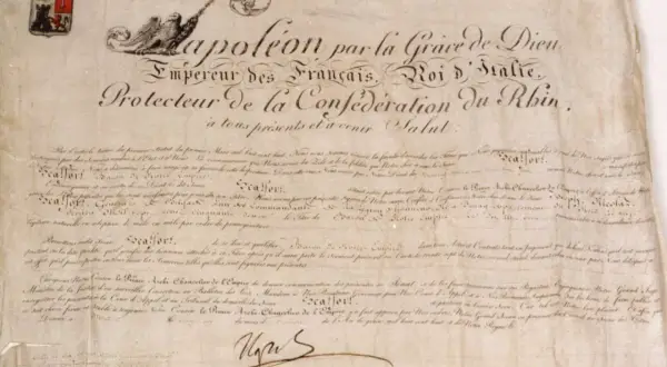 Document ancien avec sceau et signature, mentionnant Napoléon et la Confédération du Rhin.