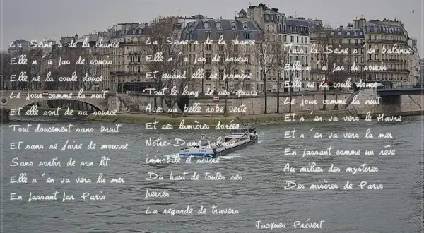 Analyse de "Chanson de la Seine" par Jacques Prévert, avec des vers manuscrits sur une vue de Paris et de la Seine.