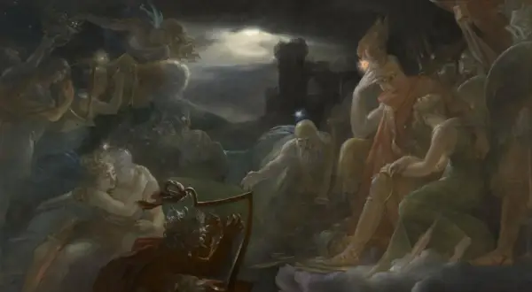Le songe d'Ossian : figures éthérées, un barde jouant de la harpe, un château brumeux sous la lune.
