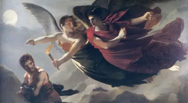 Deux figures ailées célestes, l'une tenant une torche, semblent descendre vers un homme en contrebas, symbolisant la justice de Dieu.