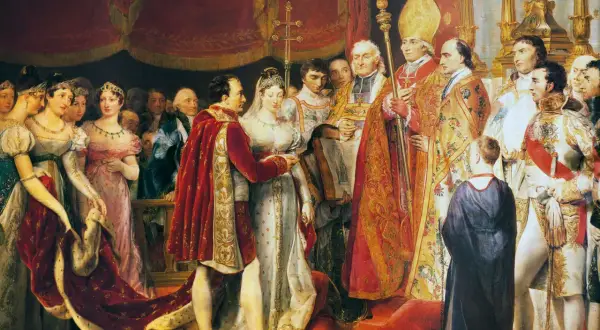 Le couronnement de Napoléon et Marie-Louise, entourés de dignitaires et de la famille impériale.