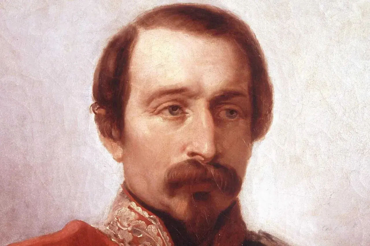 Portrait en buste de Louis Bonaparte, empereur des Français, avec sa moustache distinctive et une tenue militaire ornée.