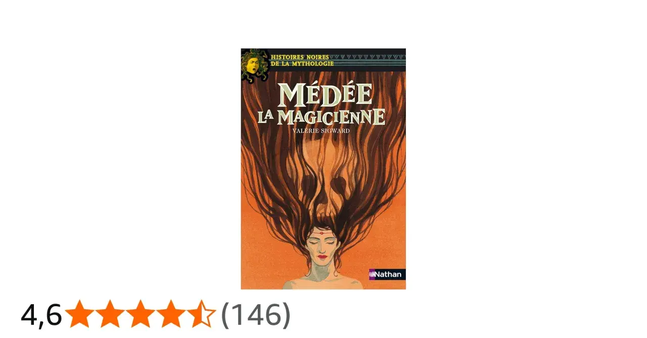 Couverture du livre "Médée, la magicienne" avec une illustration d'une femme aux longs cheveux sombres formant un crâne.