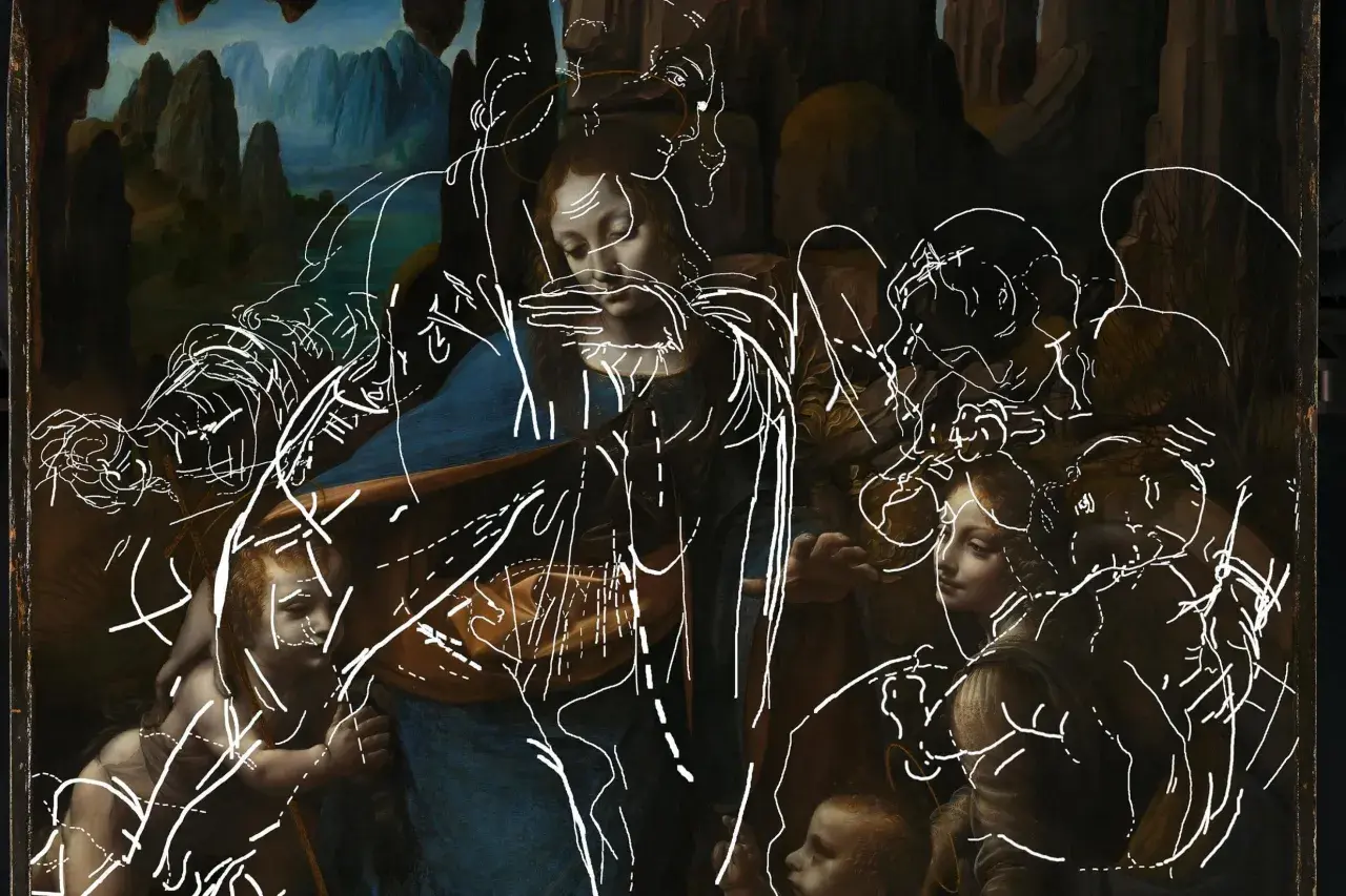 Esquisse blanche sur la Vierge, l'Enfant Jésus et saint Jean-Baptiste, une œuvre de Léonard de Vinci.