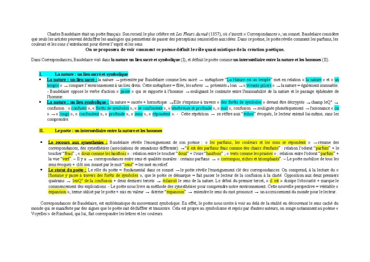 Analyse des correspondances de Baudelaire : le poète, intermédiaire entre nature et hommes, déchiffre les symboles.