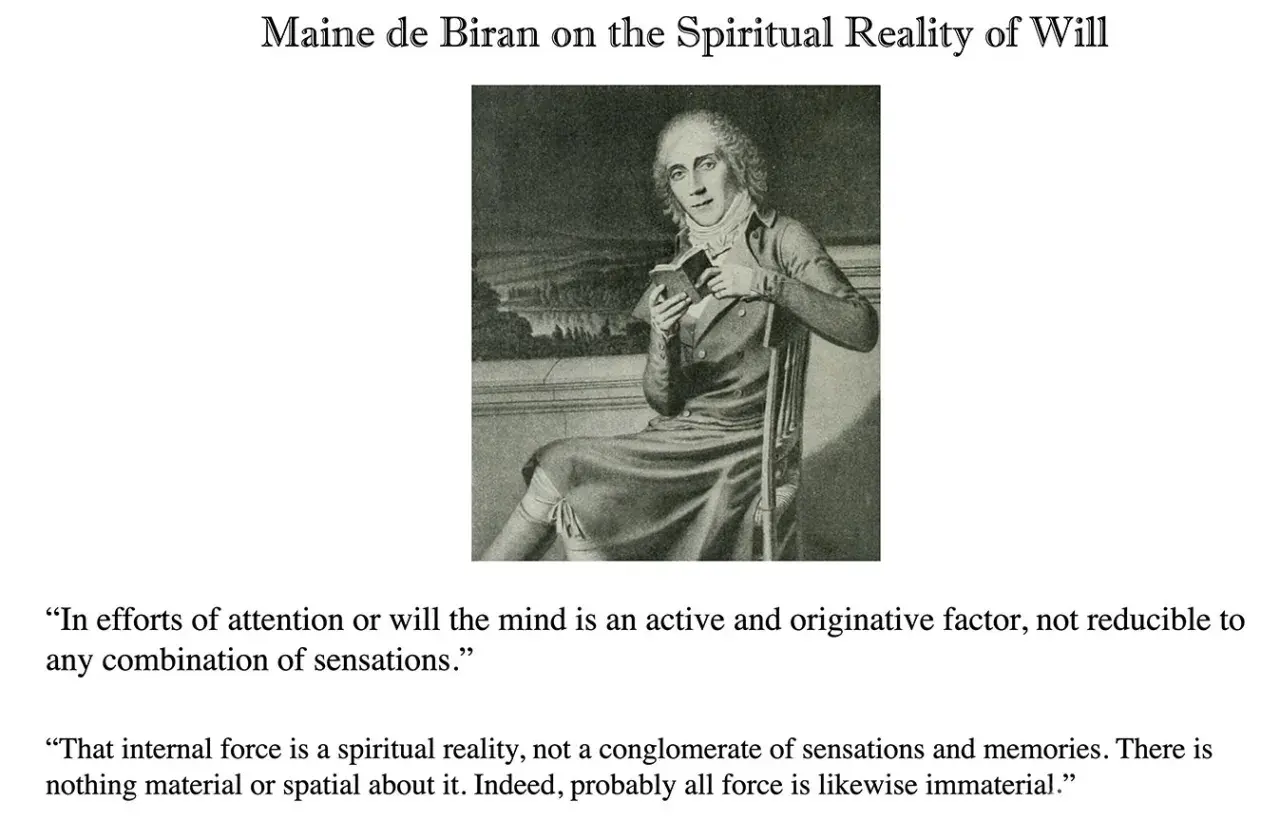 Portrait gravé de Maine de Biran, philosophe, tenant un livre, méditant sur la volonté.