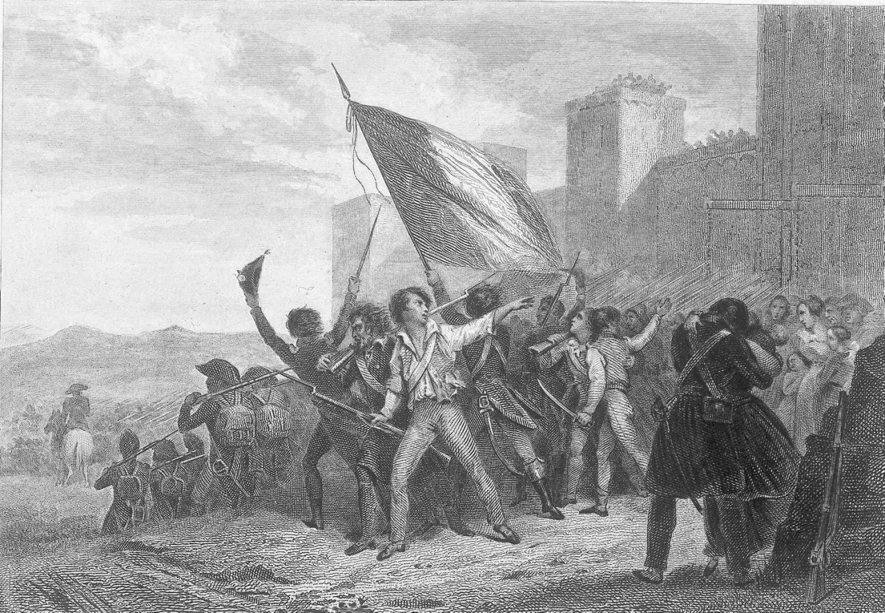 Une foule en liesse, brandissant un drapeau, semble célébrer le chant du départ. Des soldats se préparent à l'action, face à une forteresse imposante.