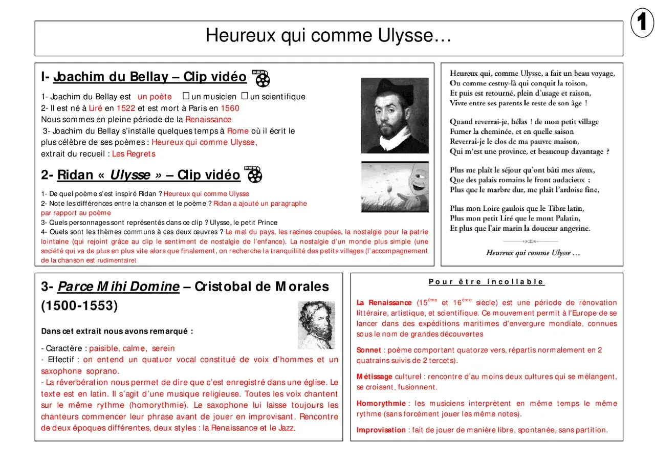 Page éducative sur le poème "Heureux qui comme Ulysse" de Joachim du Bellay, avec des extraits, des analyses et des définitions.