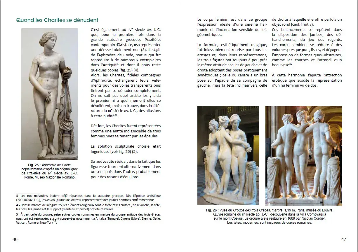 Groupe de trois femmes nues, les 3 Grâces, se tenant par les épaules, dans une pose harmonieuse et équilibrée.