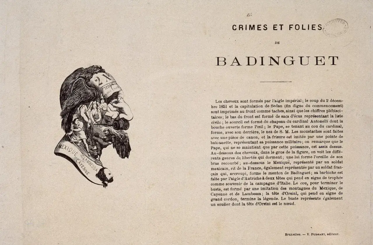 Caricature de Napoléon III : un buste complexe où se mêlent symboles politiques et figures historiques, évoquant le Mexique et la France.