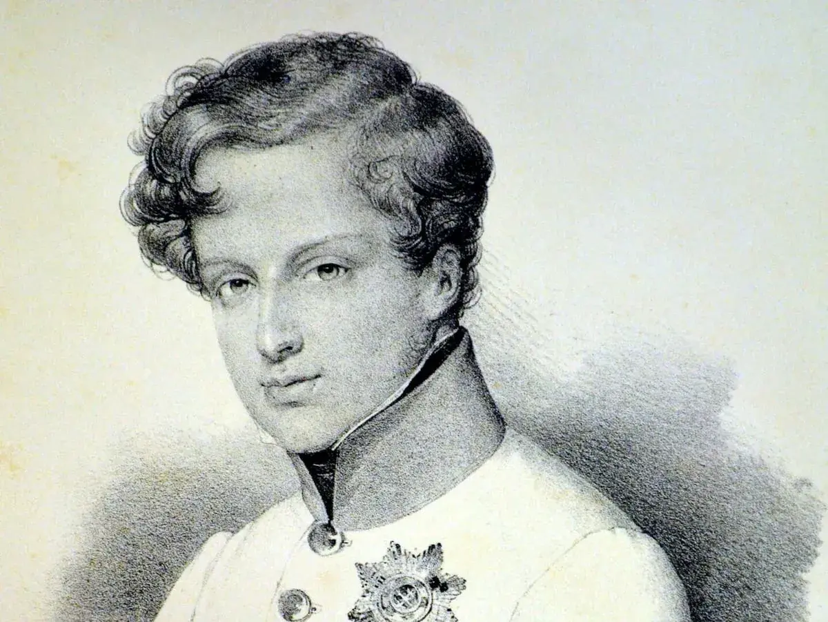 Portrait en buste d'un jeune homme aux cheveux bouclés, portant un uniforme orné d'une étoile. Il s'agit d'un fils de Napoléon Bonaparte.