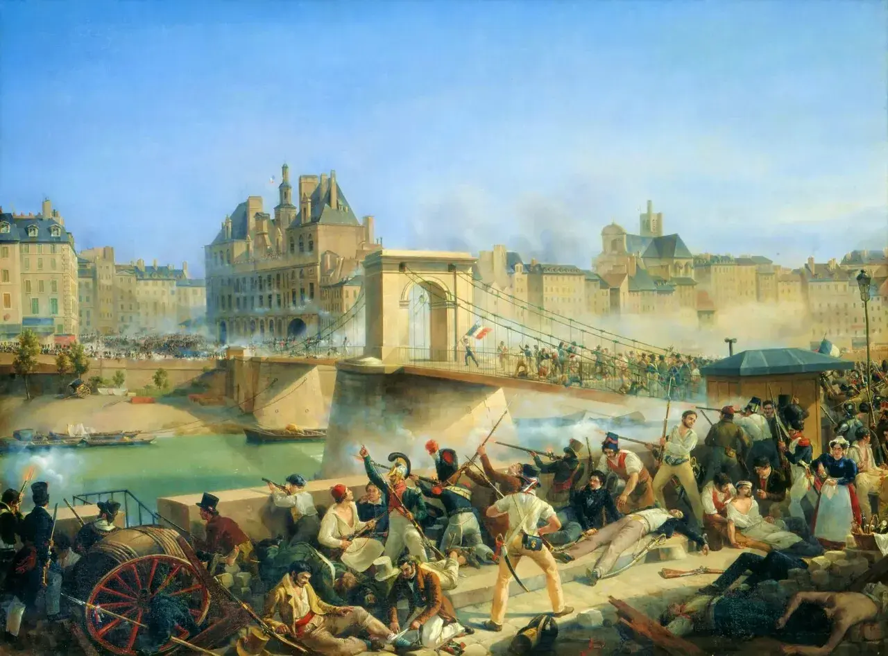 Scène de bataille animée sur un pont, avec des soldats en uniforme et des civils en lutte. Bonaparte au pont d'Arcole, au milieu du chaos et de la fumée.