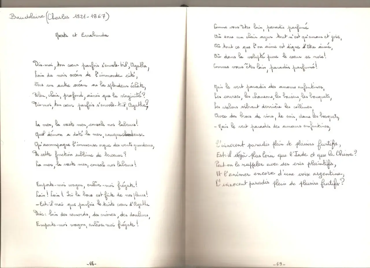Manuscrit de Baudelaire, poème "Moesta et Errabunda". Le poète interroge son cœur, évoquant des paradis perdus et des souvenirs d'enfance.