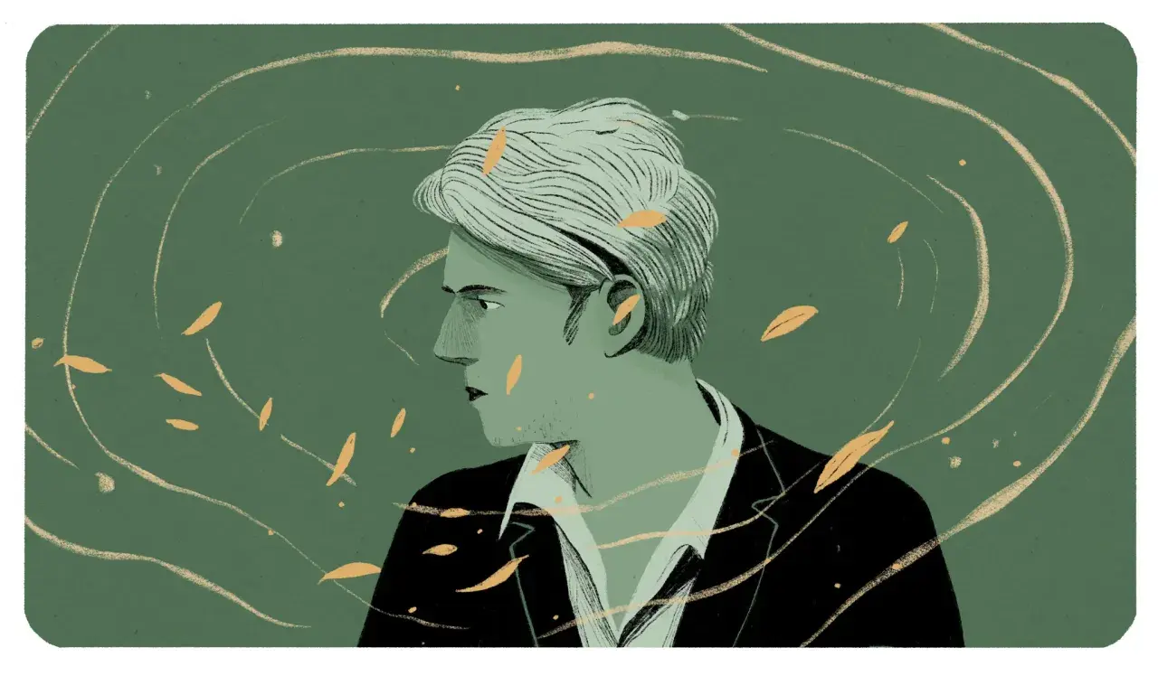 Portrait stylisé d'un homme aux cheveux clairs, évoquant la première soirée Rimbaud. Des volutes dorées et des feuilles flottent autour de lui.